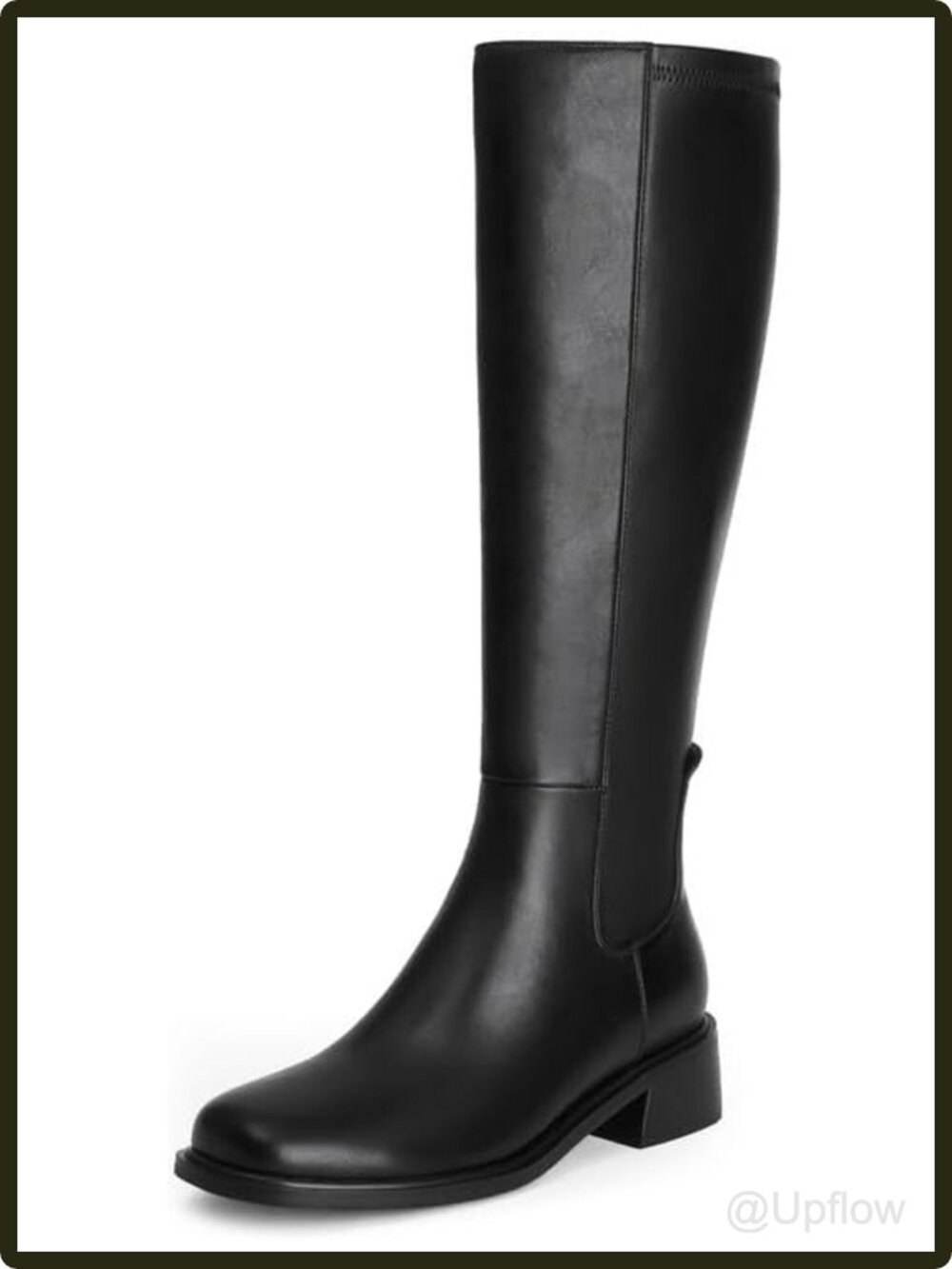 Women's Faux Leather Knee High Boots Low Block Heel Square Toe Zip Stretch Tall